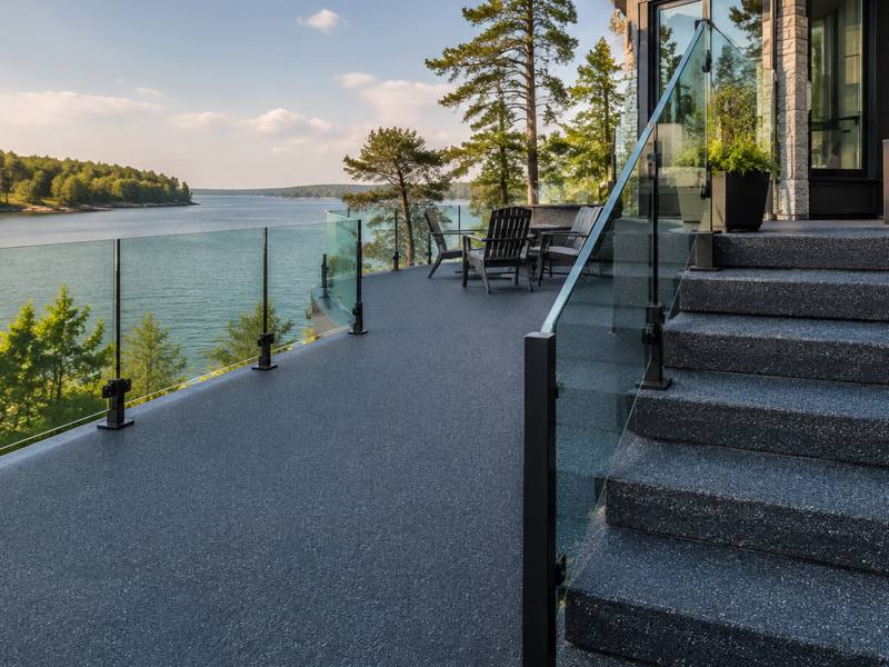Waterfront terrace and stairs covered in grey rubber surfacing by Sault Ste. Marie Rubber Surfacing.