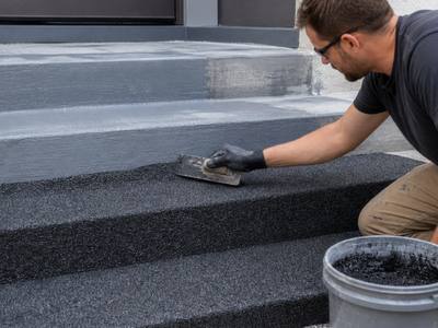 Concrete steps being covered in rubber surfacing