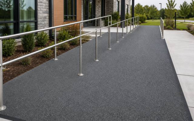 Commercial accessibility ramp with handrails finished in rubber surfacing.