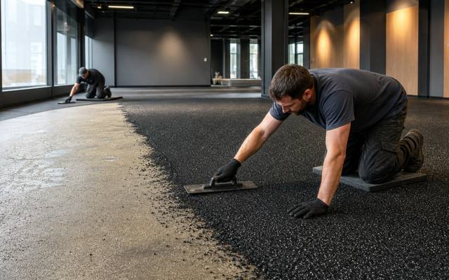 Black rubber surfacing being troweled flat across a fitness studio floor.